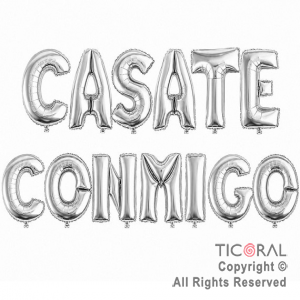 SET DE GLOBOS METALIZADO FRASE CASATE CONMIGO PLATA 13 UNIDADES